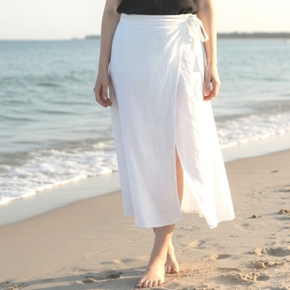 White Linen Wrap Midi Skirt Elastic Back Side Tie Coastal Minimalist Pocket